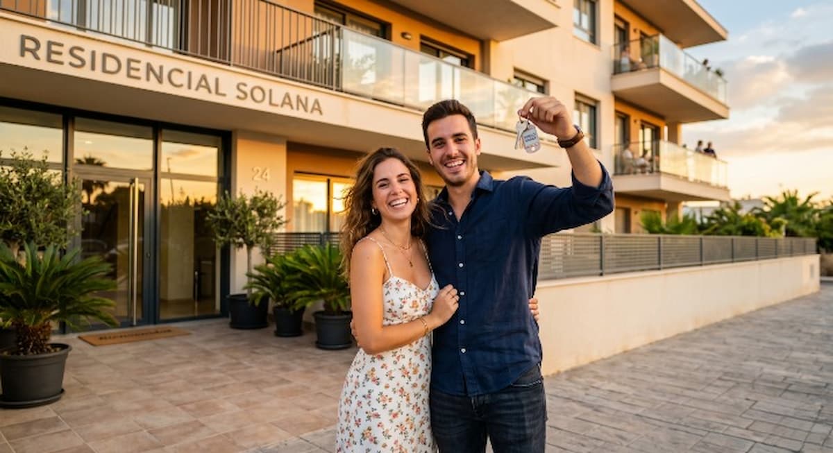Guía completa del proceso de compra de vivienda: pareja con llaves de su nuevo hogar