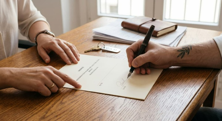 Firma del contrato de compraventa ante notario con bolígrafo y llaves sobre la mesa