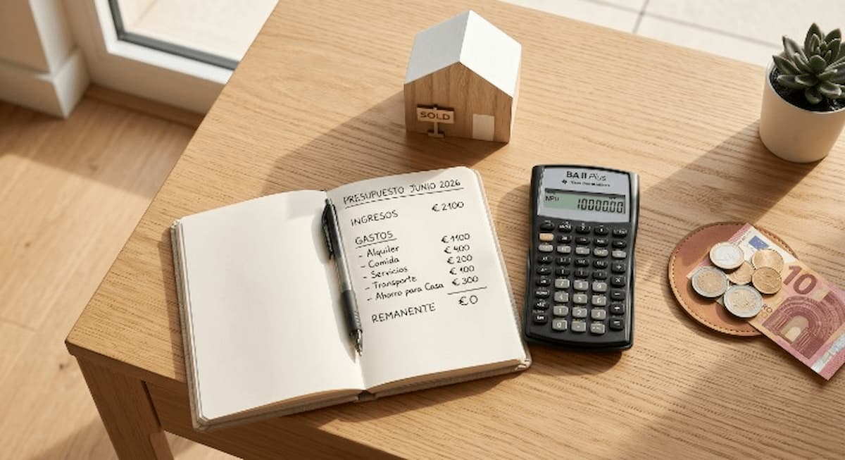 Calculadora, libreta con presupuesto y maqueta de casa para calcular el presupuesto de compra de vivienda