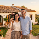 Pareja extranjera sonriendo con las llaves de su nueva vivienda en España