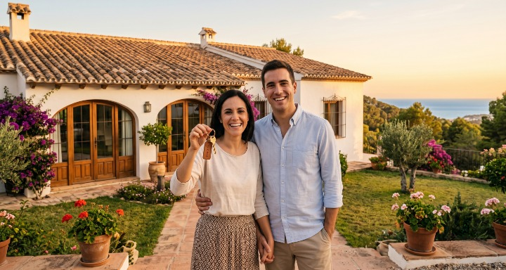 Pareja extranjera sonriendo con las llaves de su nueva vivienda en España