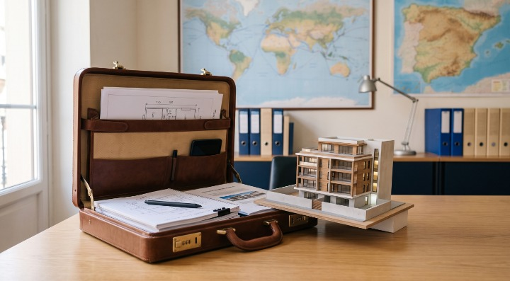 Maletín con documentos y maqueta de vivienda junto a un mapa, símbolo de la hipoteca para extranjeros en España