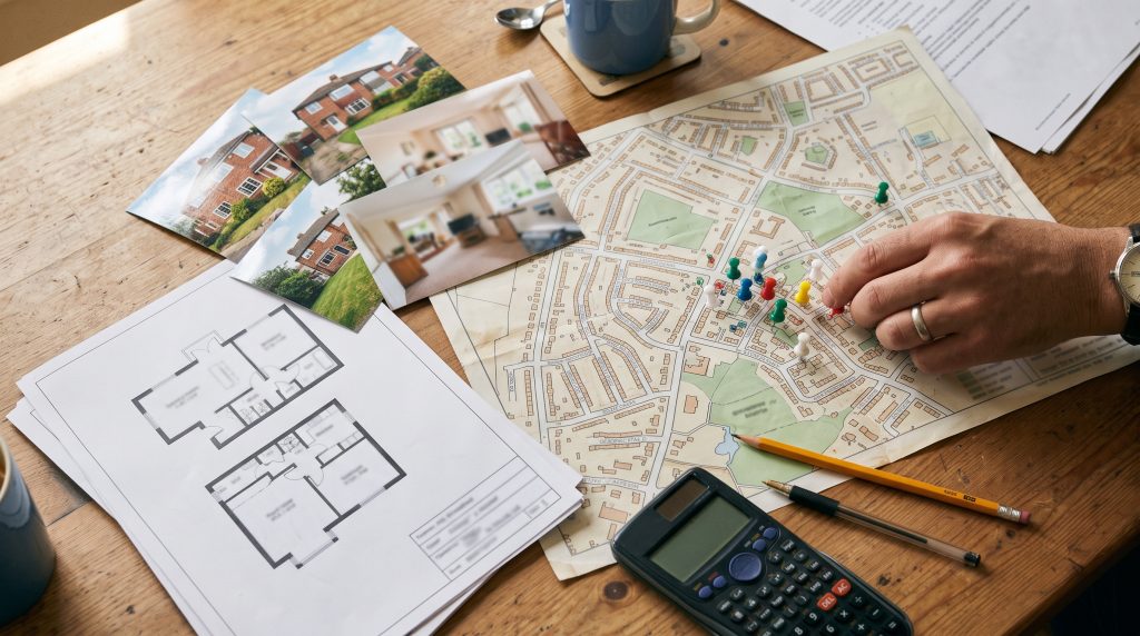 eligiendo testigos Mapa de la zona con testigos comparables señalados con chinchetas, junto a planos y fotos de inmuebles